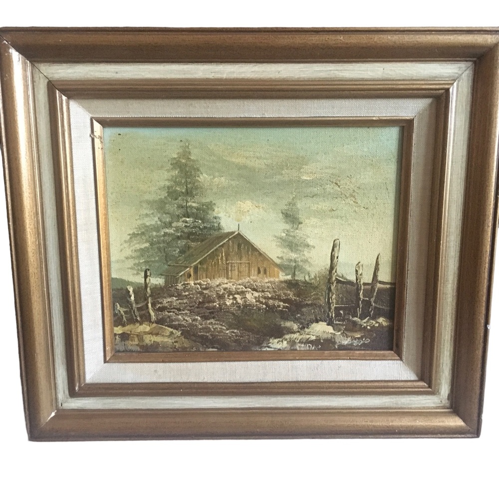 Vintage Framed Oil Painting Weathered Barn On Cloudy Day Signed